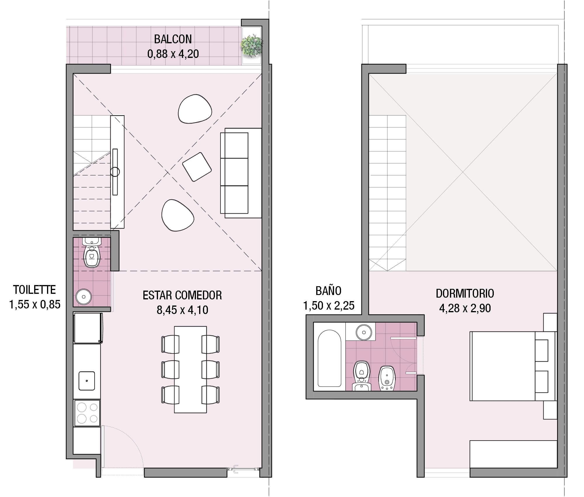 Planta de arquitectura del departamento duplex 3D del proyecto Paroissien 4646