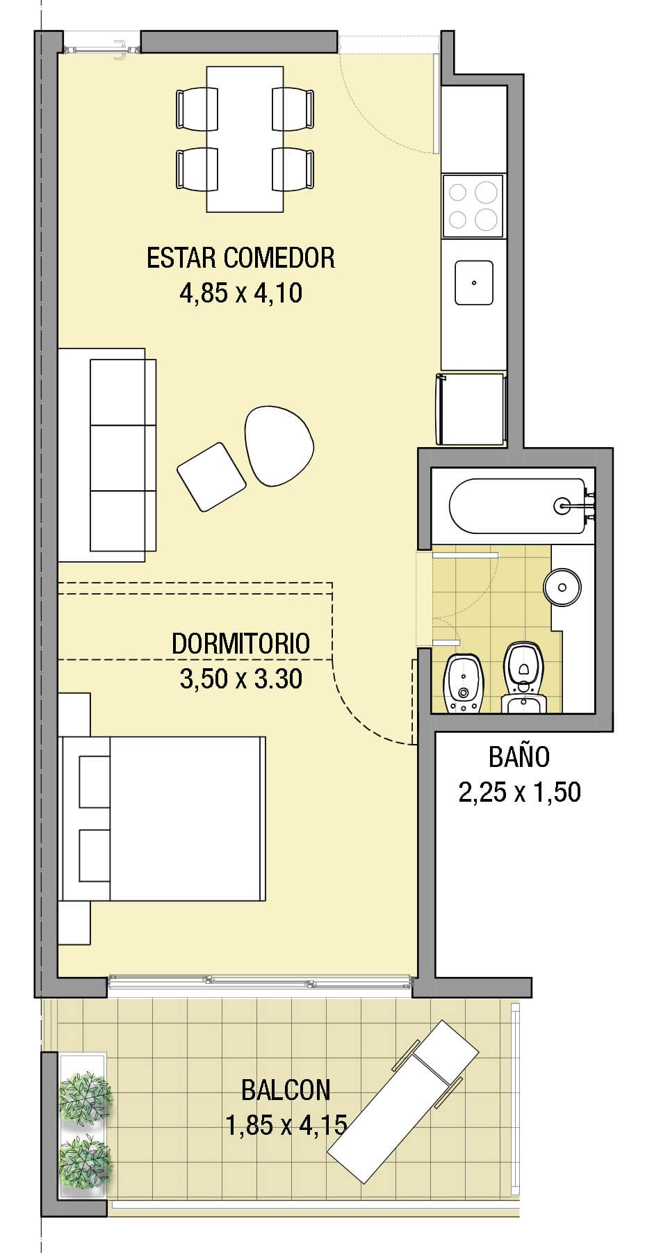 Planta de arquitectura del departamento monoambiente 1A y 2A del proyecto Paroissien 4646