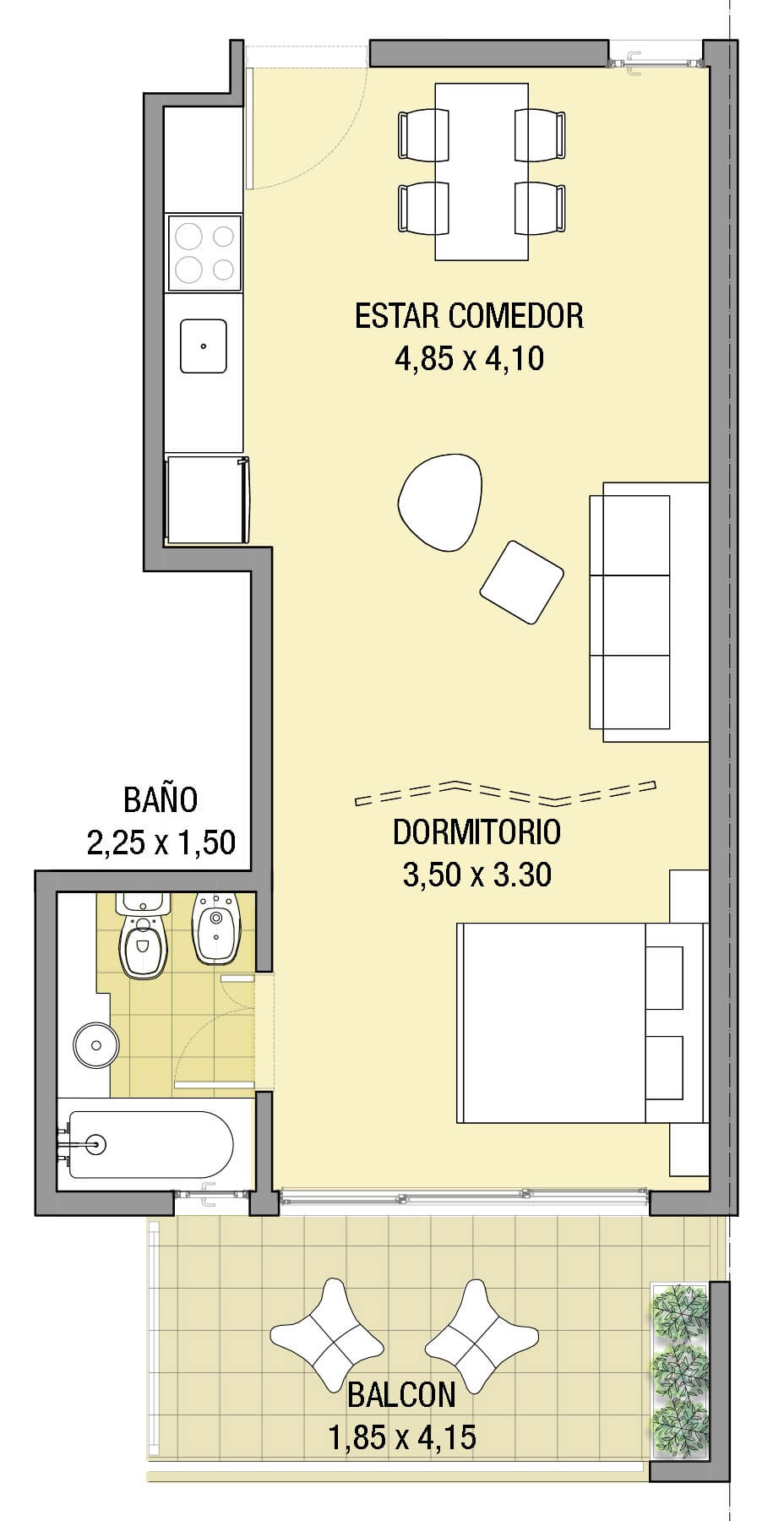 Planta de arquitectura del departamento monoambiente 1B y 2B del proyecto Paroissien 4646