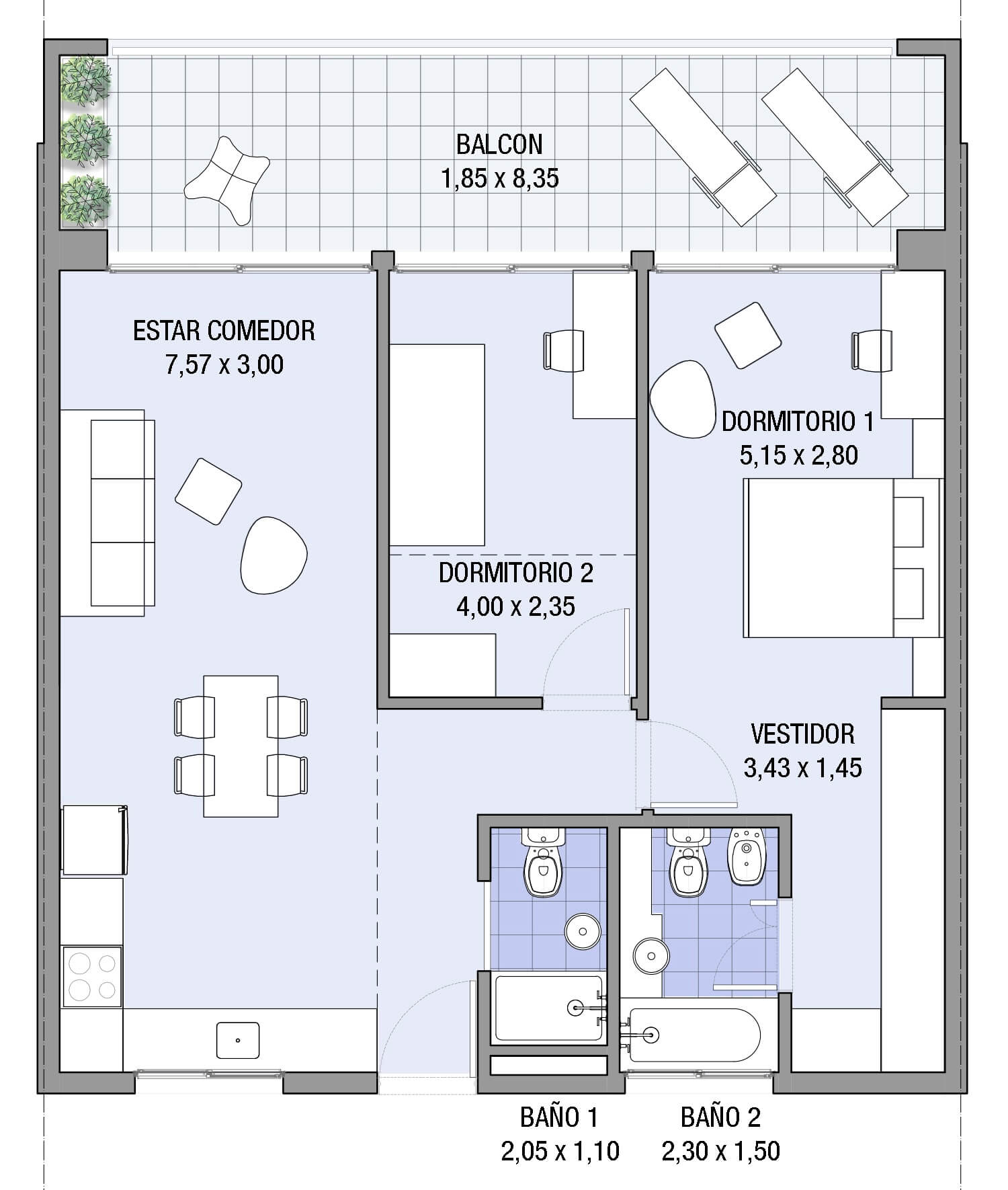 Planta de arquitectura del departamento tres ambiente 1C y 2C del proyecto Paroissien 4646